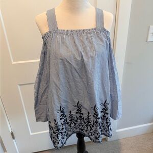 Zara Blue and White Striped Blouse with Black Embroidery